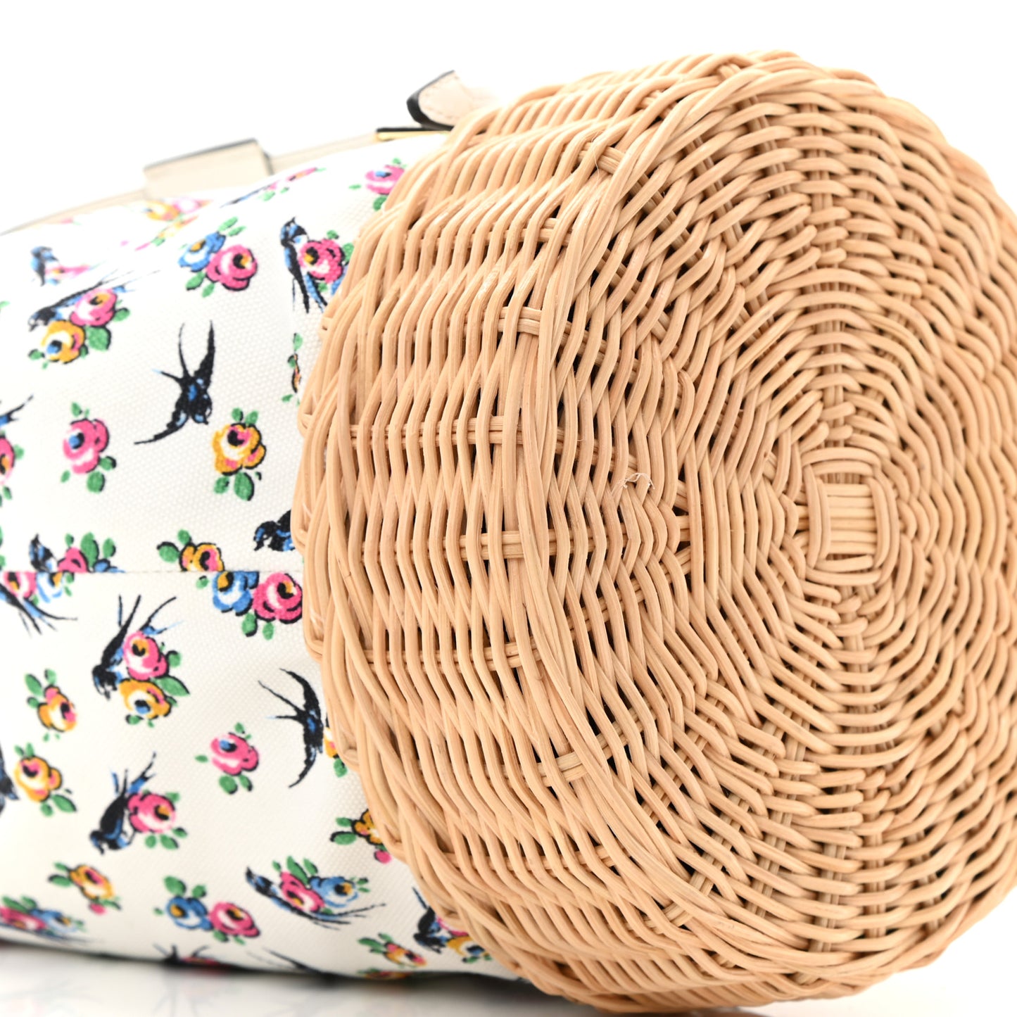 Wicker Canvas Floral Print Bucket Bag White Multicolor