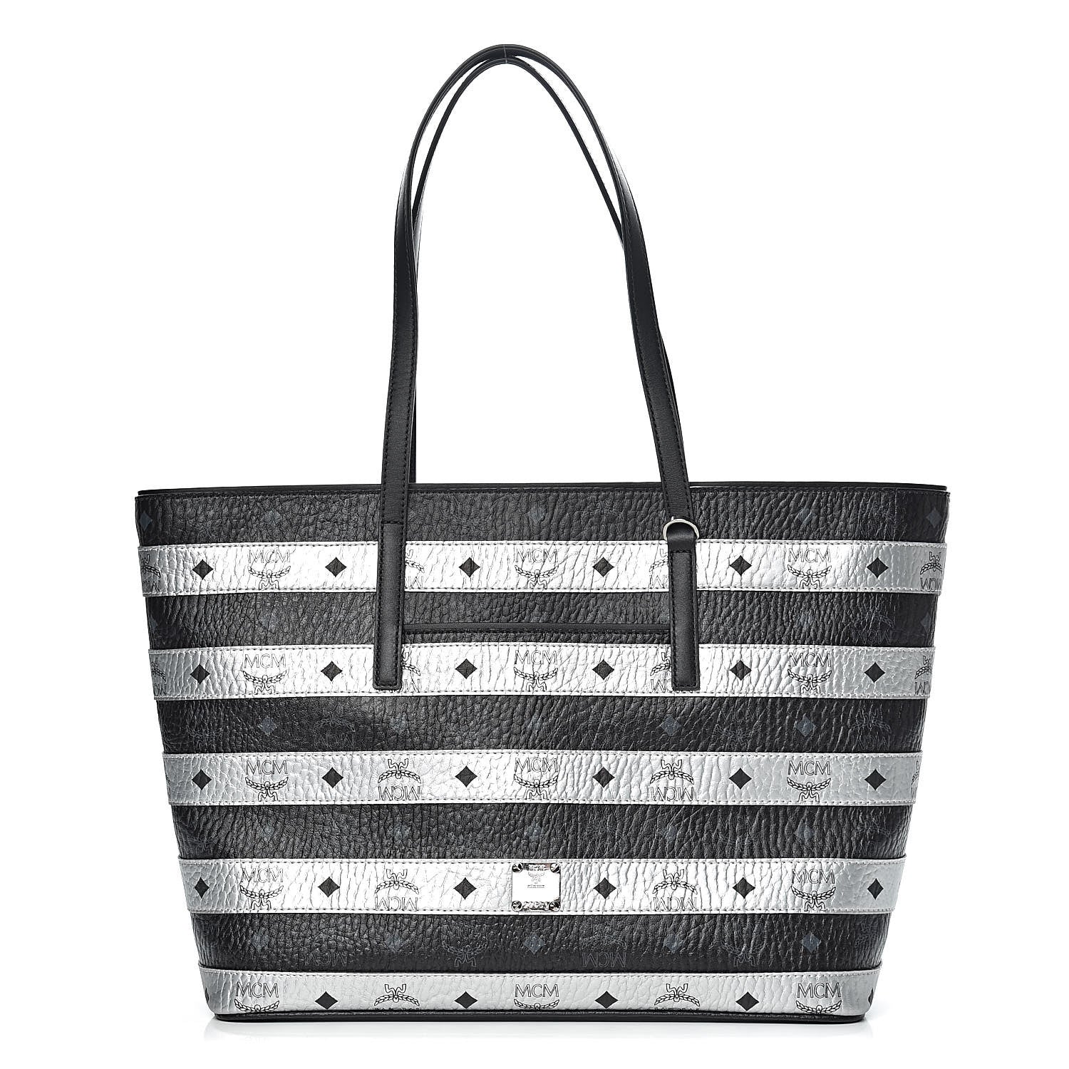 MCM Visetos Spot Stripped Medium Shopping Tote Black Silver 1 of 10