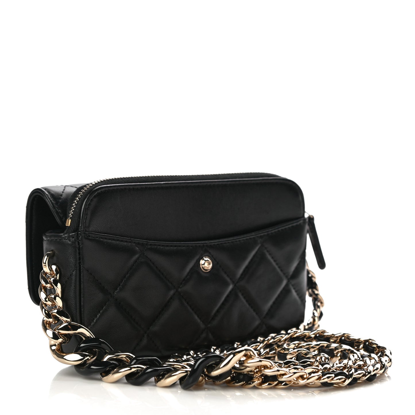 Lambskin Quilted Resin Bi-Color Flap Phone Holder With Chain Black
