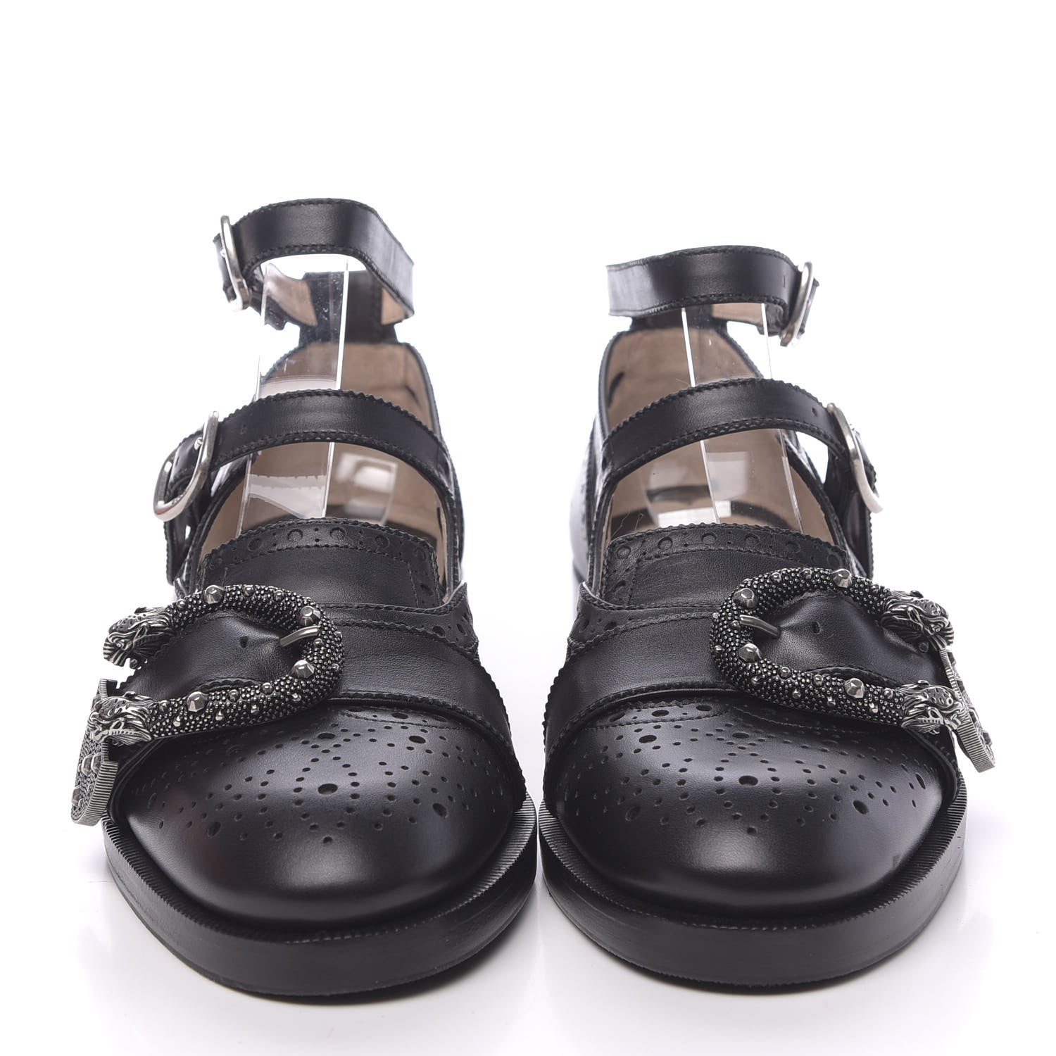 Gucci Calfskin Bee Embroidered Womens Queercore Brogue Wingtip Monk Strap Loafers 37 Black 2 of 10