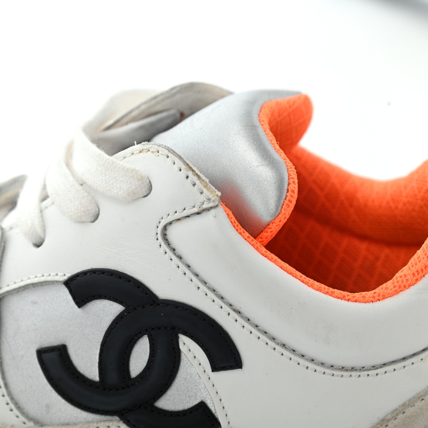 Chanel Nylon Calfskin Suede CC Womens Sneakers 37 White Orange 21 of 25