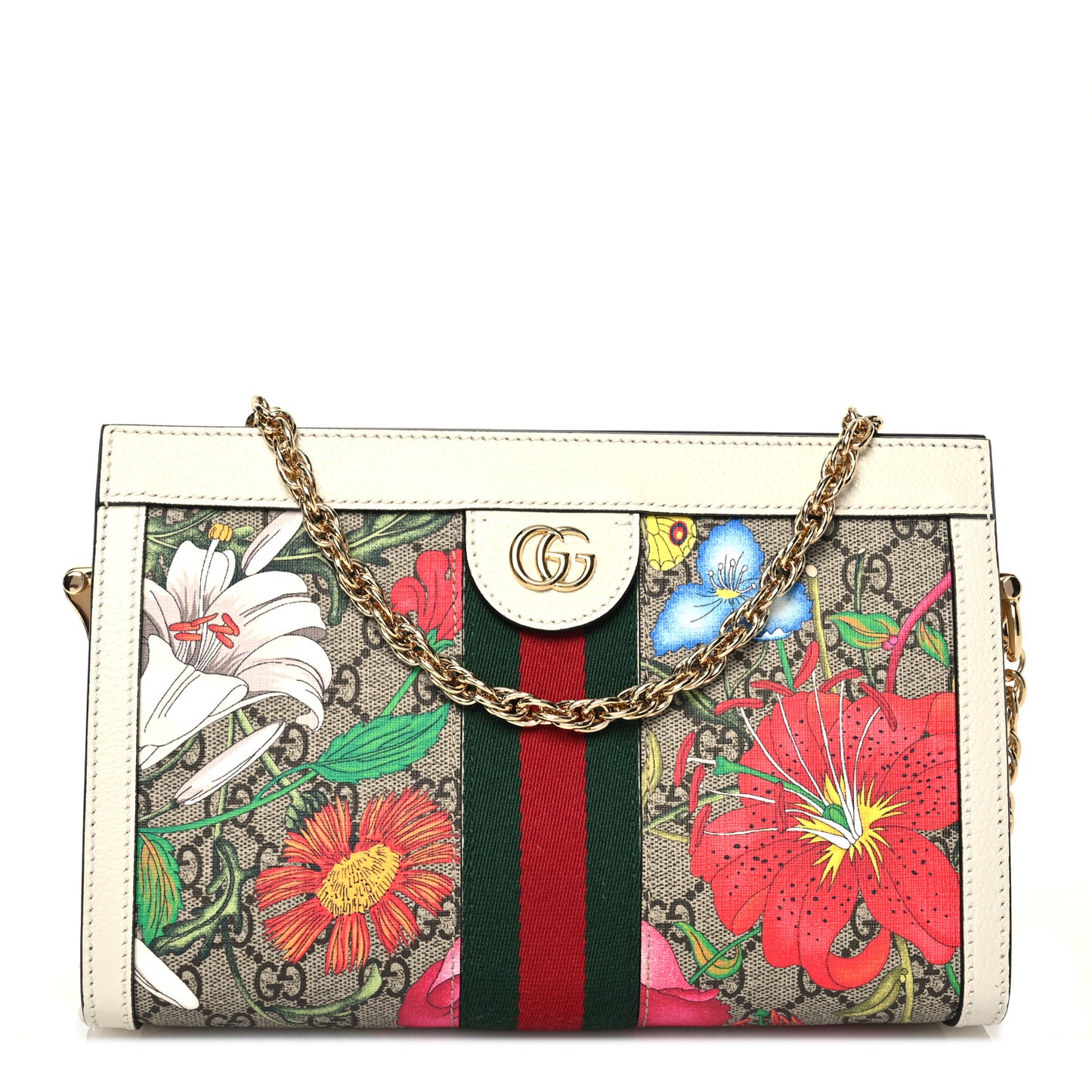 GG Supreme Monogram Flora Web Small Ophidia Chain Shoulder Bag White