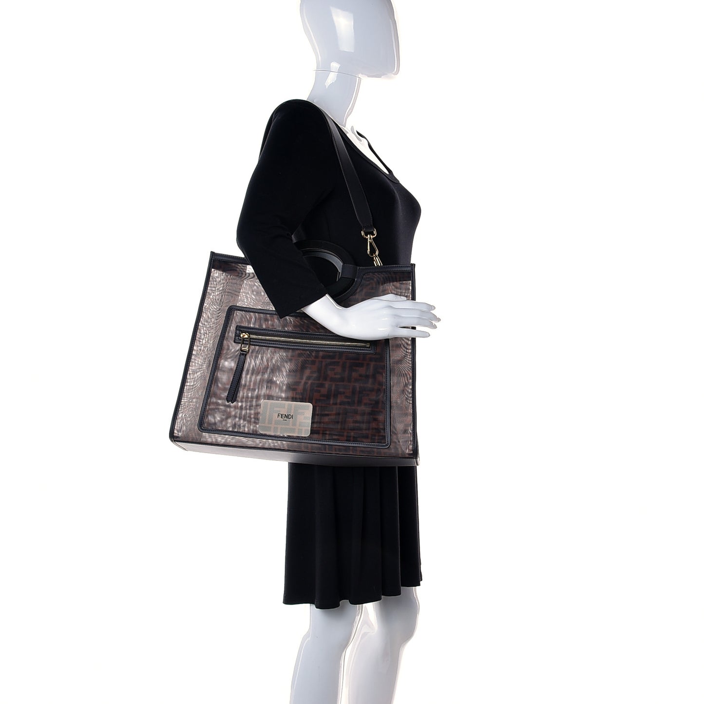 Mesh Vitello Century Cuoio FF 1974 Medium Runaway Shopper Tote Marrone Black Ebano