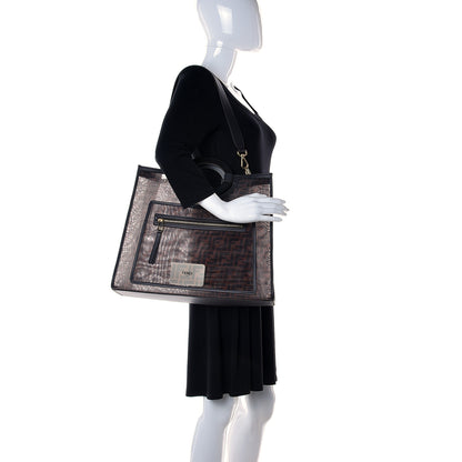 Fendi Mesh Vitello Century Cuoio FF 1974 Medium Runaway Shopper Tote Marrone Black Ebano 2 of 13