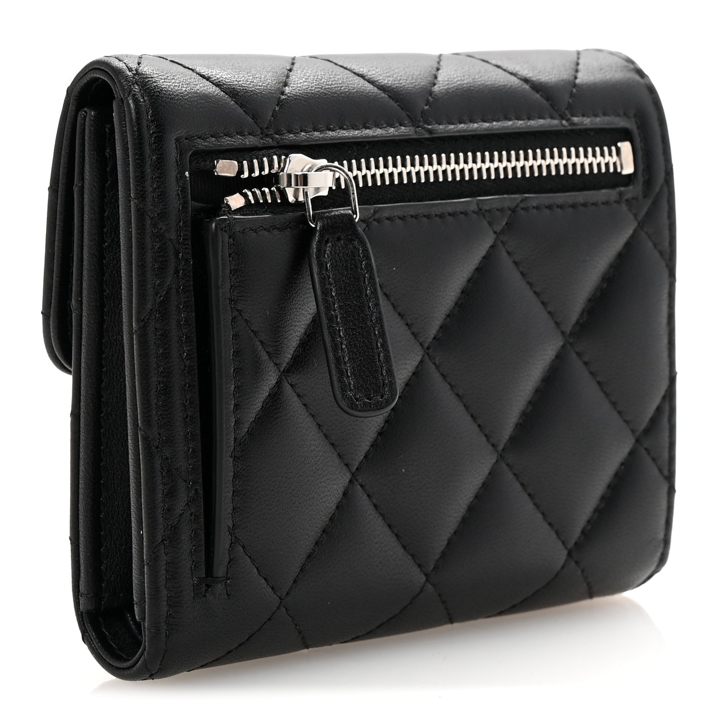 Lambskin Quilted Baguette Crystal Small Compact Wallet Black
