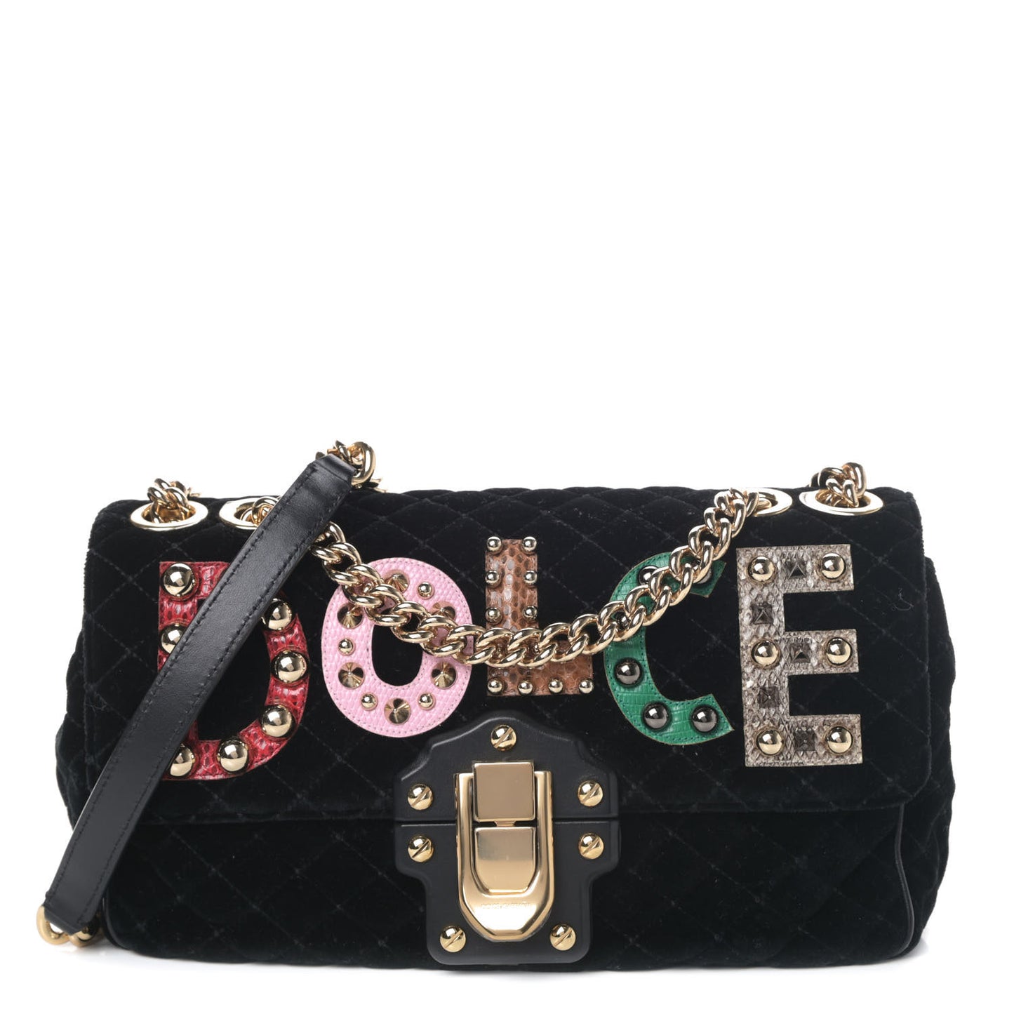 Velvet Watersnake Embellished Lucia Shoulder Bag Black