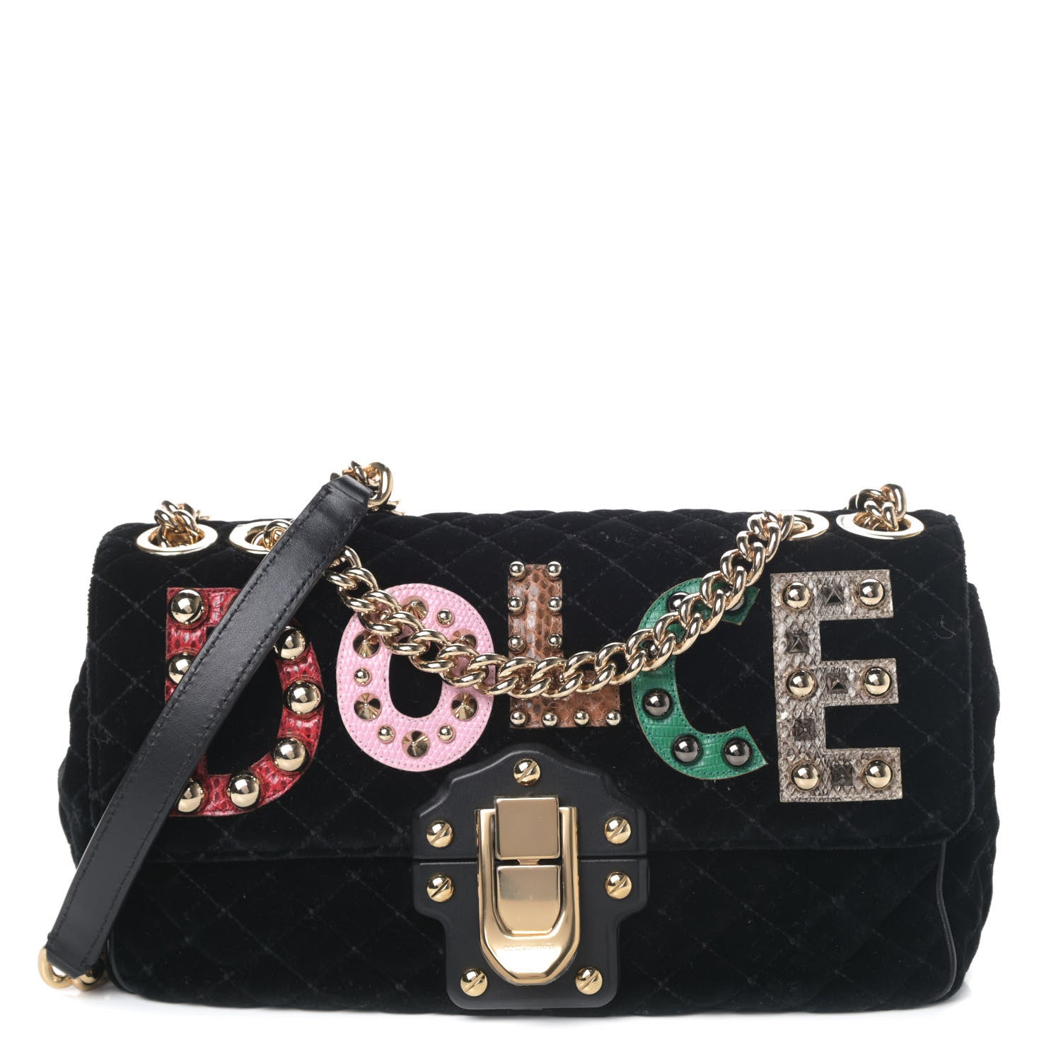 Dolce & Gabbana Velvet Watersnake Embellished Lucia Shoulder Bag Black 1 of 4
