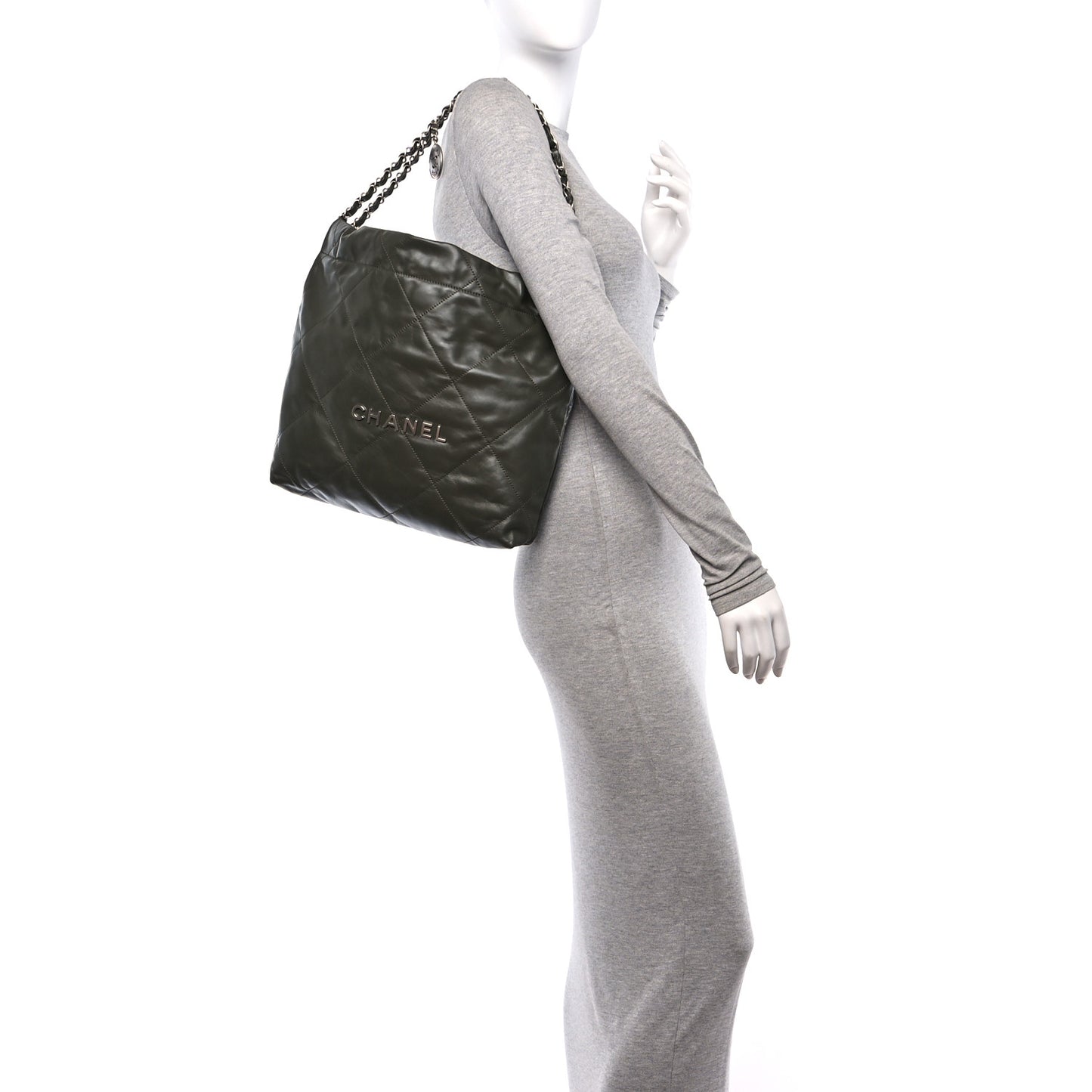 Shiny Calfskin Quilted Small Chanel 22 Khaki