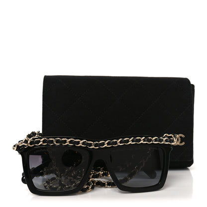 Chanel Acetate Metal Calfskin Chain Rectangle Sunglasses 71627 Black 7 of 7