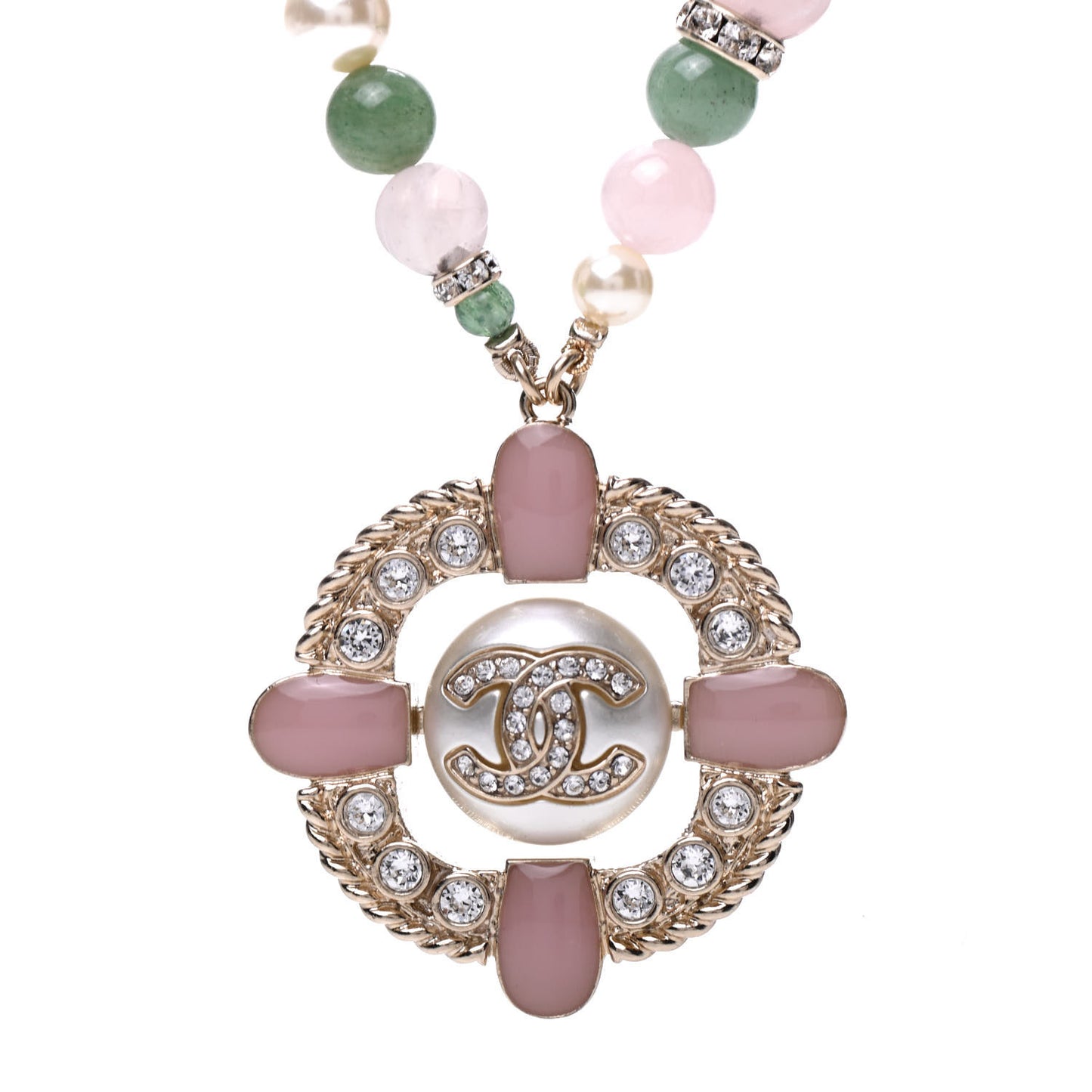 Crystal Pearl Gripoix Poured Glass Necklace Gold Green White Pink