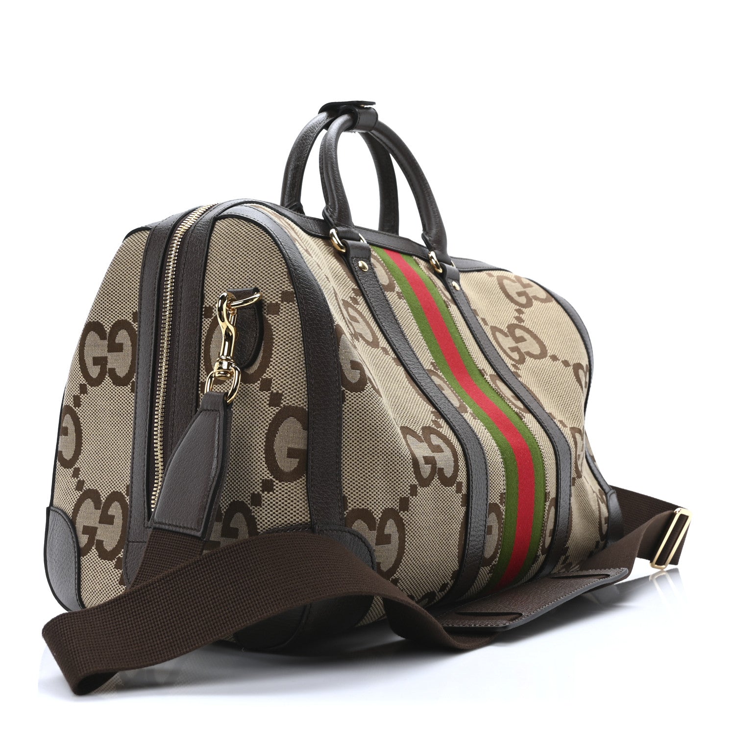 Gucci Monogram Jumbo GG Textured Dollar Calfskin Web Medium Duffle Bag Camel Ebony 3 of 10