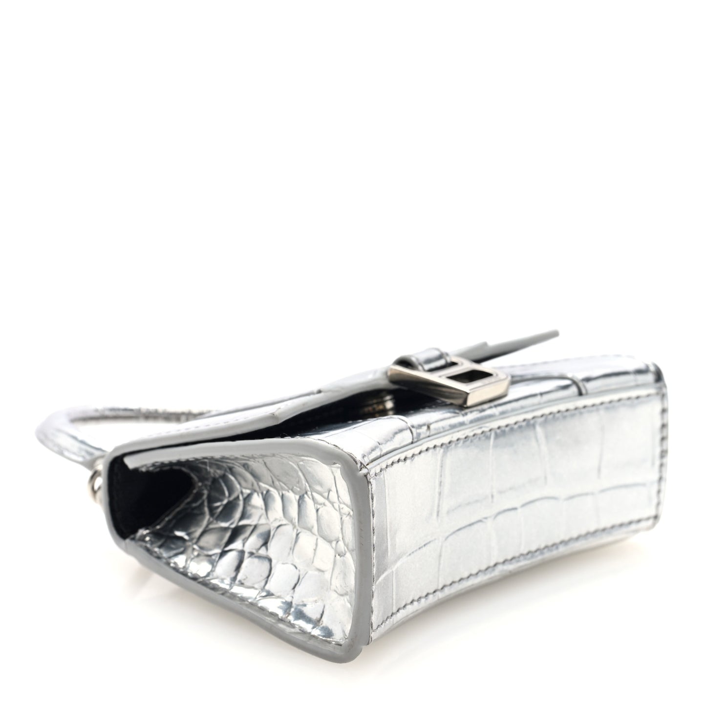 Metallic Calfskin Crocodile Embossed Hourglass Top Handle Bag Mini with Chain Silver