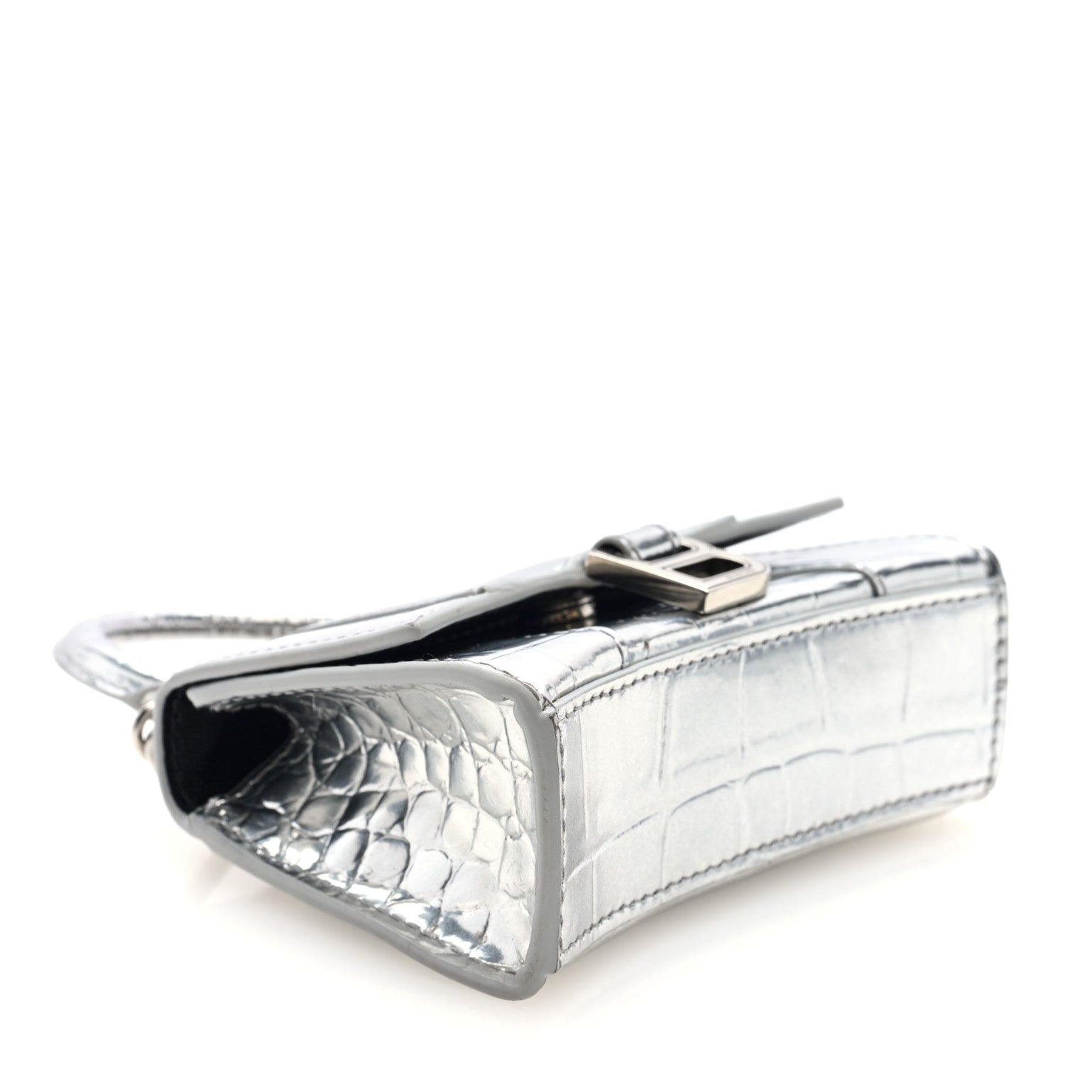 Balenciaga Metallic Calfskin Crocodile Embossed Hourglass Top Handle Bag Mini with Chain Silver 4 of 9
