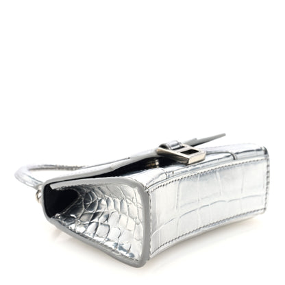 Balenciaga Metallic Calfskin Crocodile Embossed Hourglass Top Handle Bag Mini with Chain Silver 4 of 9