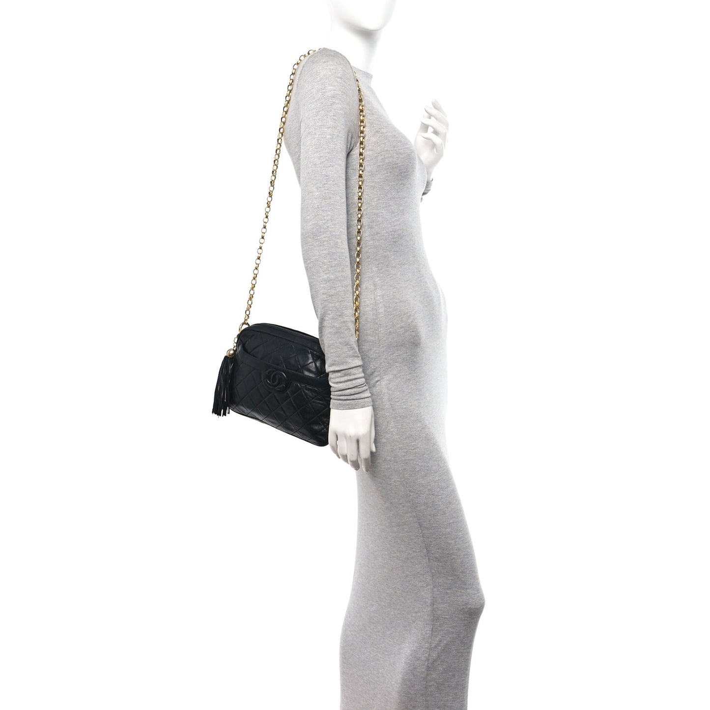 Lambskin Quilted Tassel Camera Case Black