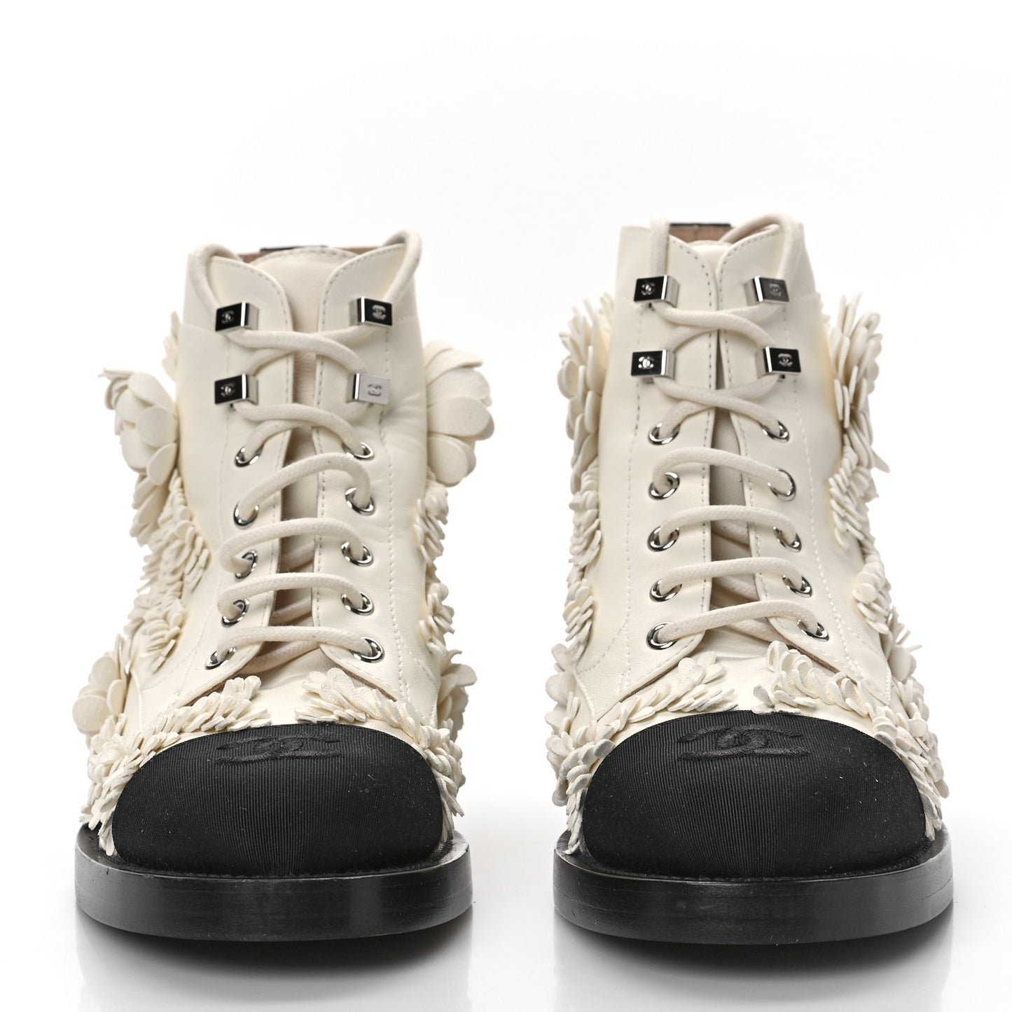 Embroidered Lambskin Grosgrain Lace Up Boots 37 White Black