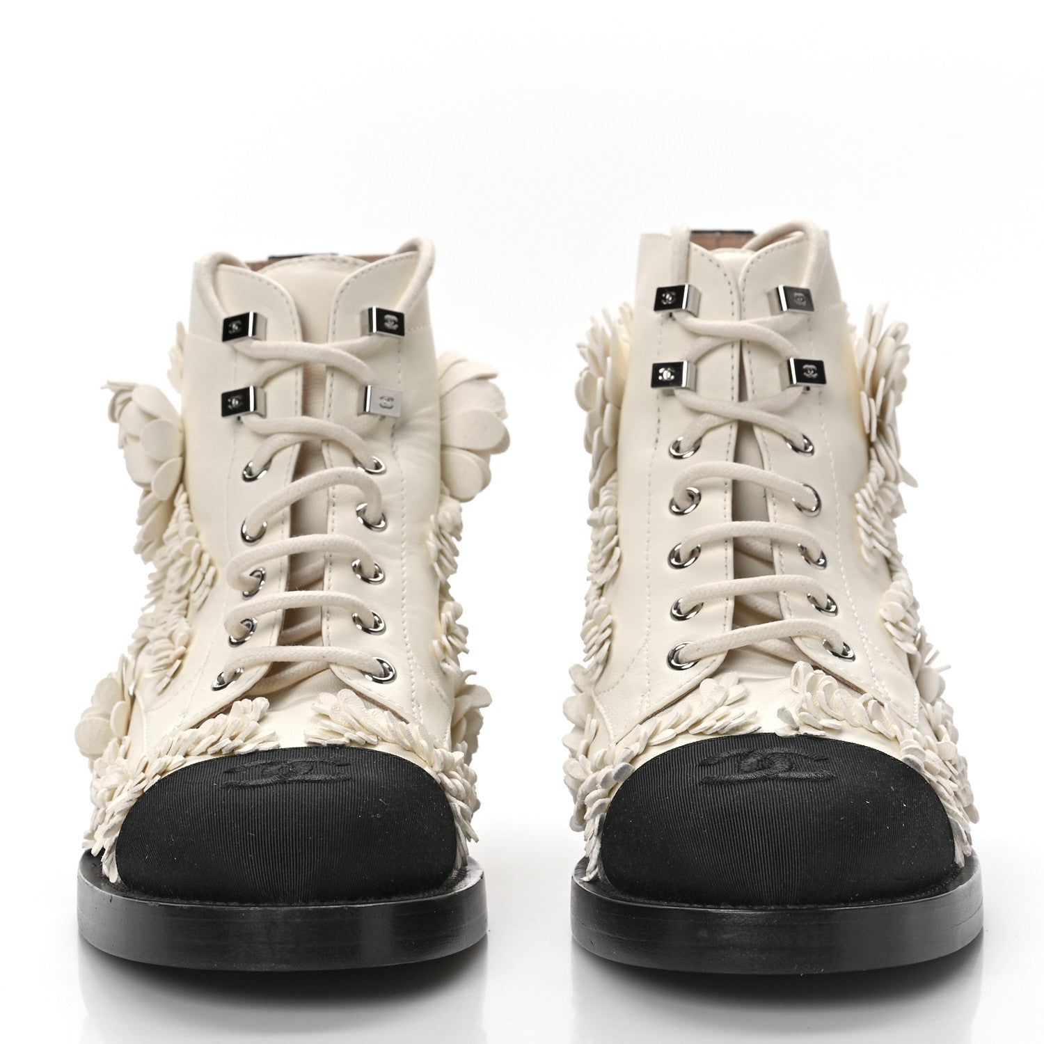 Chanel Embroidered Lambskin Grosgrain Lace Up Boots 37 White Black 2 of 8