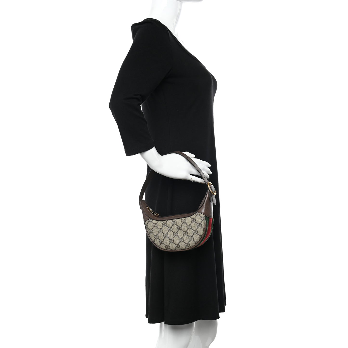 GG Supreme Monogram Textured Calfskin Web Mini Ophidia Half Moon Hobo Beige Ebony New Acero
