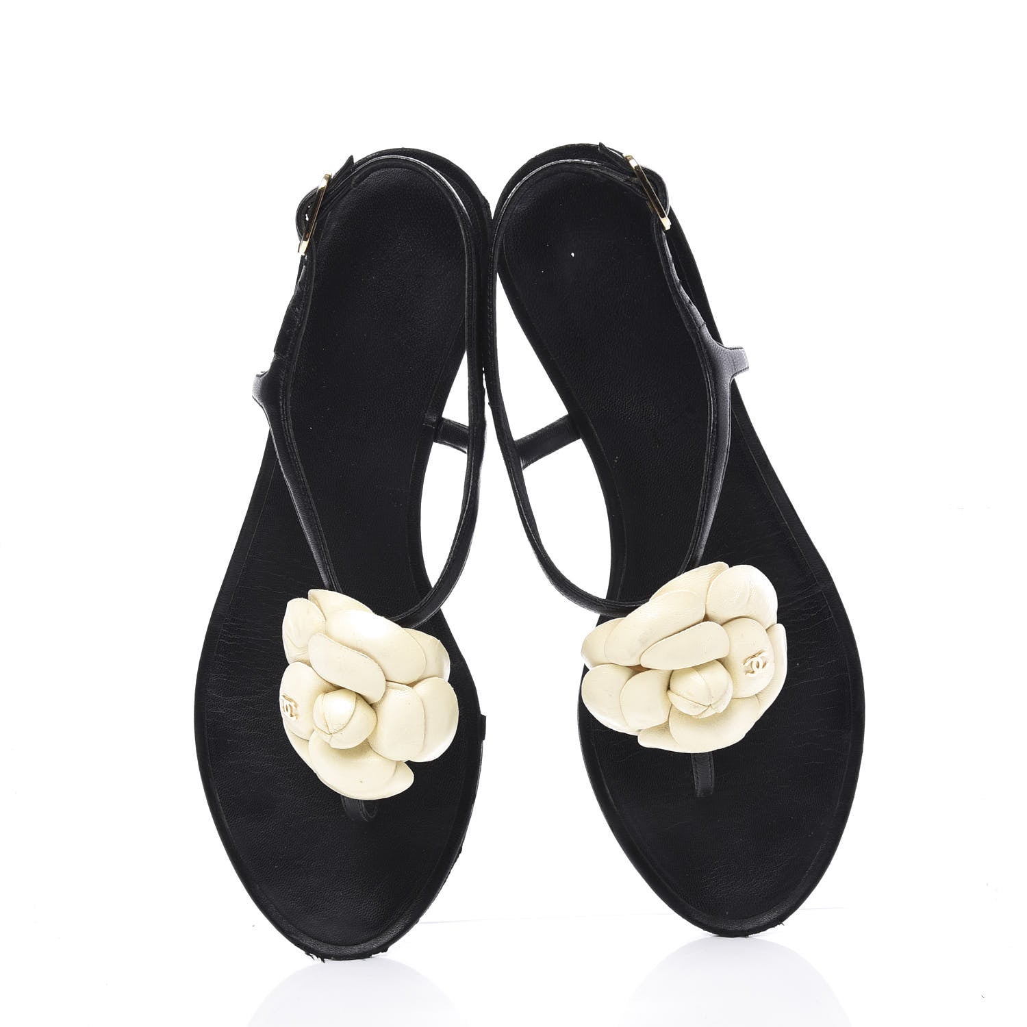 Chanel Lambskin Camellia Thong Sandals 37.5 Black White 5 of 9