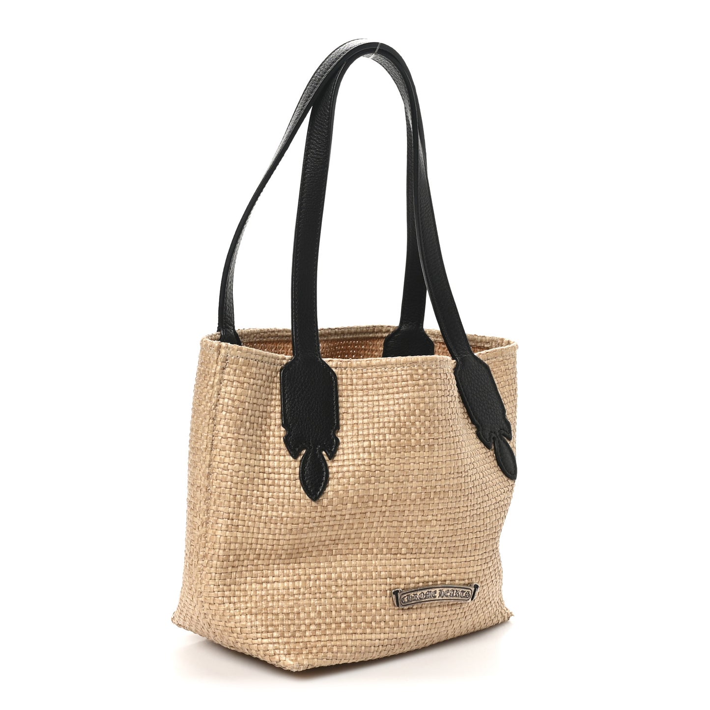 Grained Calfskin Raffia Small Cross Tote Natural Black