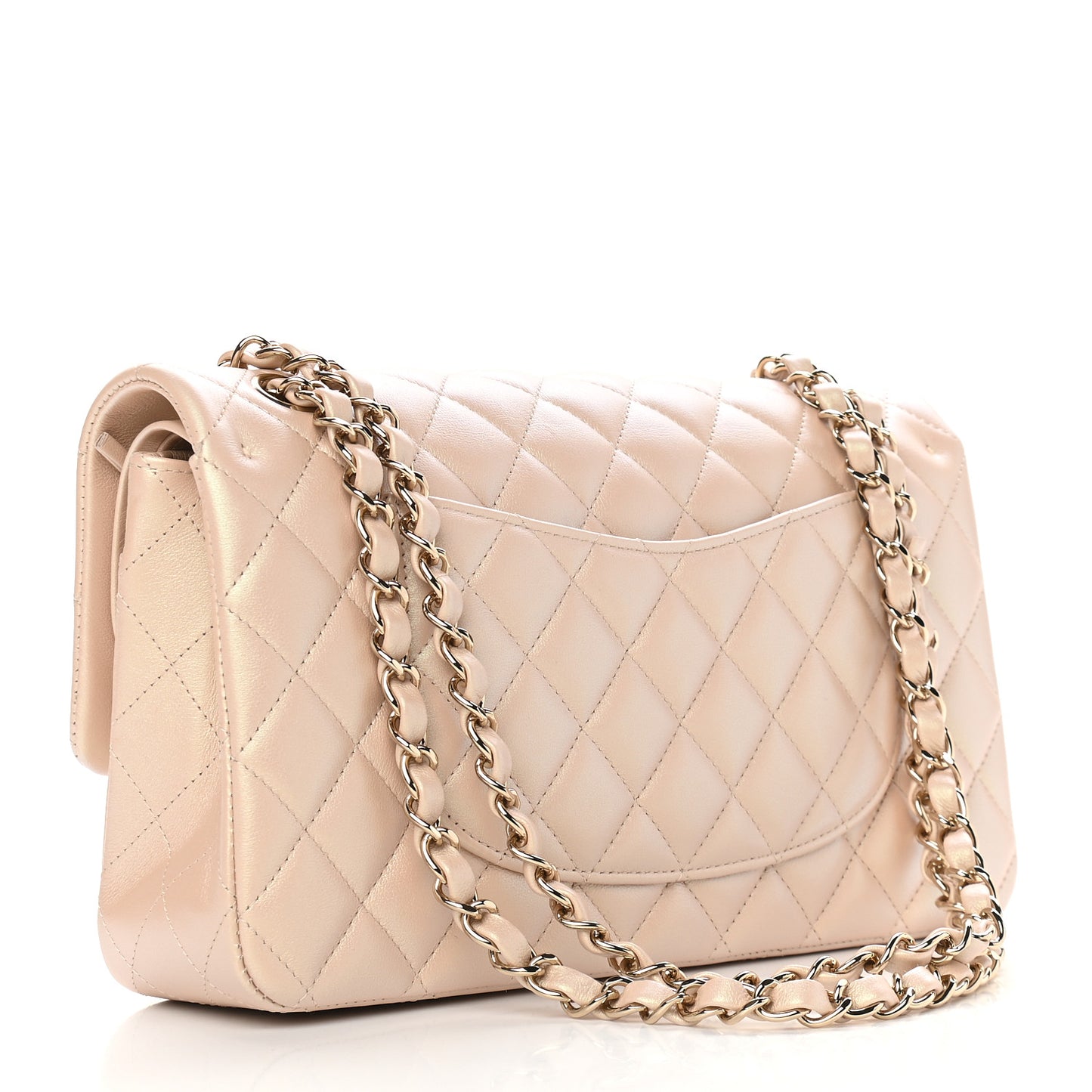 Iridescent Calfskin Quilted Medium Double Flap Dark Beige