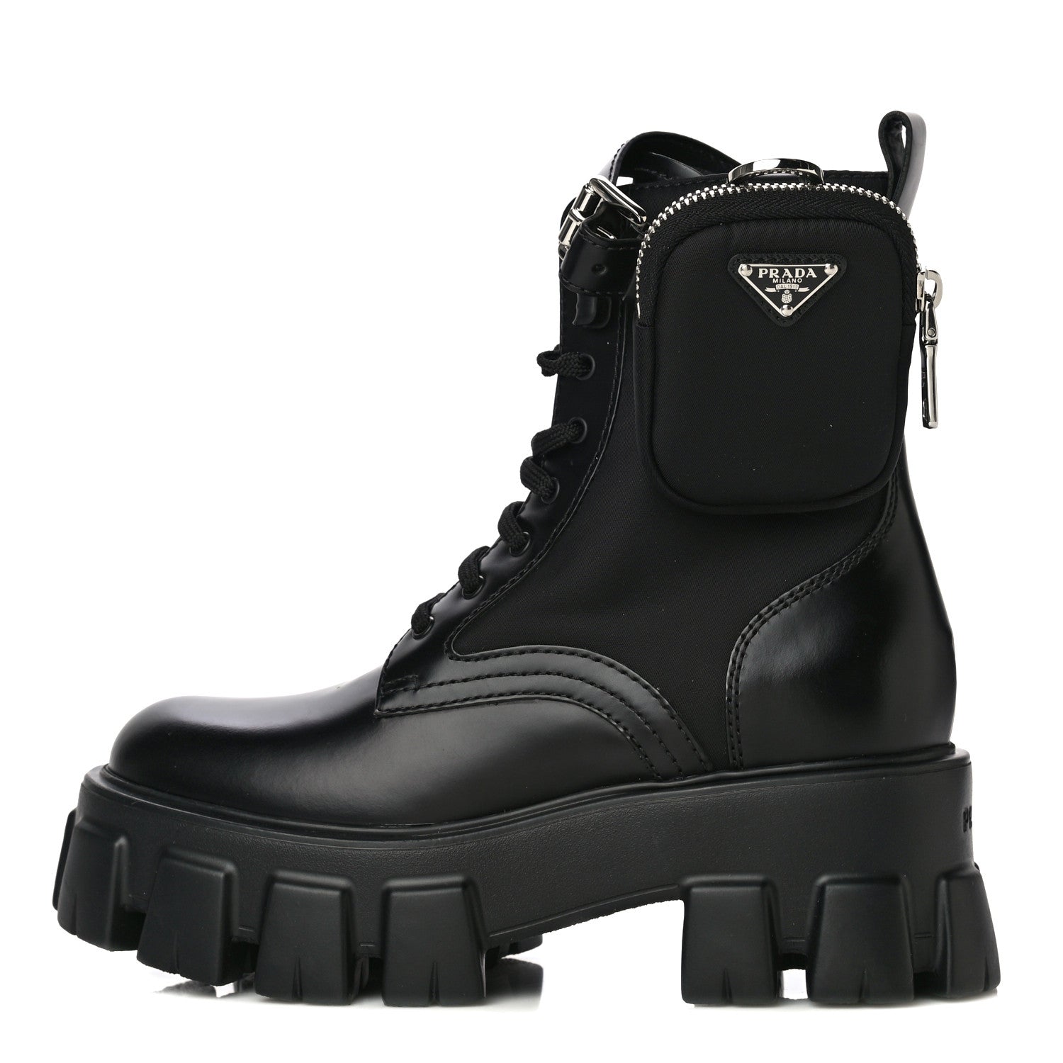 Prada Spazzolato Rois Re-Nylon Metal Triangle Logo Monolith Pouch Pocket 55mm Boots 35 Black 1 of 13