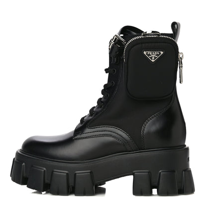 Prada Spazzolato Rois Re-Nylon Metal Triangle Logo Monolith Pouch Pocket 55mm Boots 35 Black 1 of 13