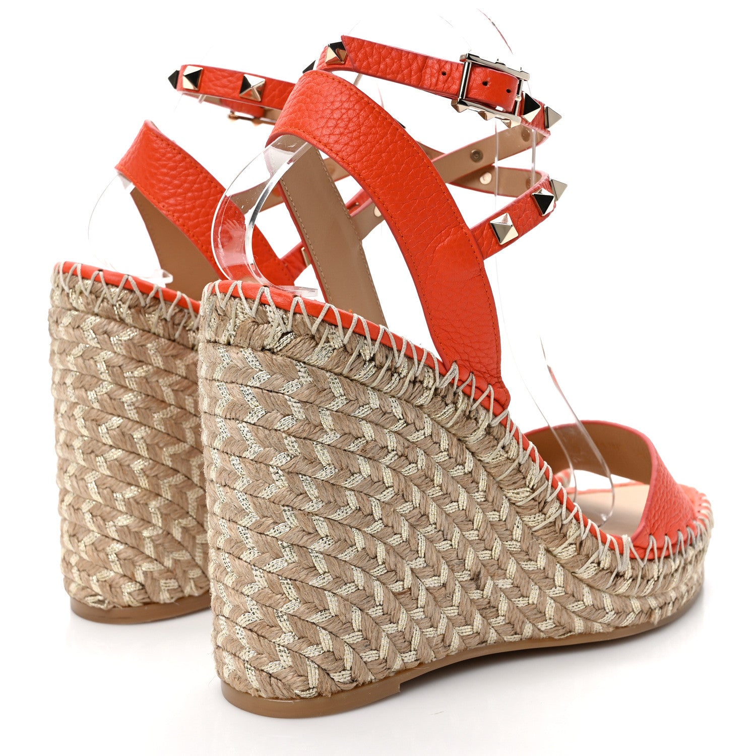 Valentino Garavani Grained Calfskin Rockstud Ankle Strap Espadrille 15/105mm Wedge Sandals 39 Titian Natural 4 of 8