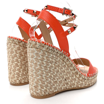 Valentino Garavani Grained Calfskin Rockstud Ankle Strap Espadrille 15/105mm Wedge Sandals 39 Titian Natural 4 of 8