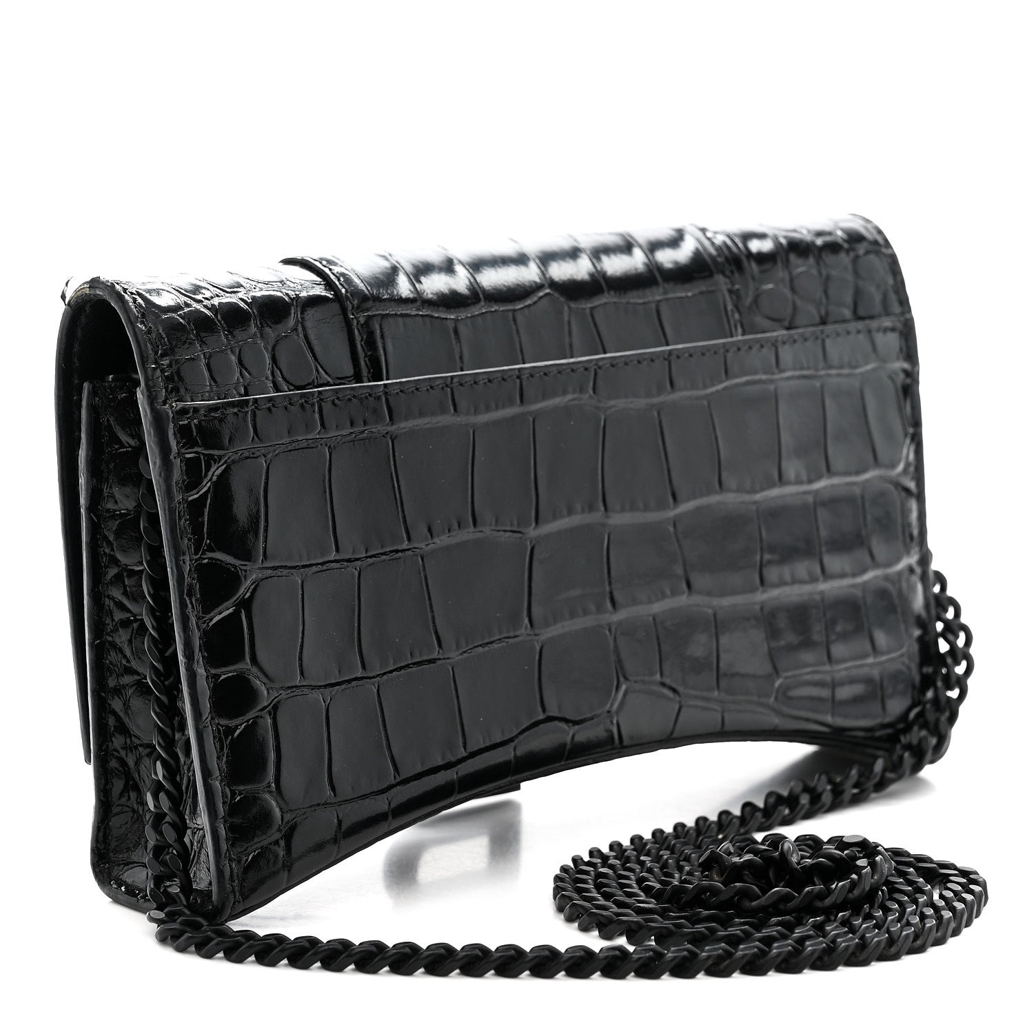 Balenciaga Shiny Calfskin Monochrome Crocodile Embossed Hourglass Chain Bag Black 3 of 12