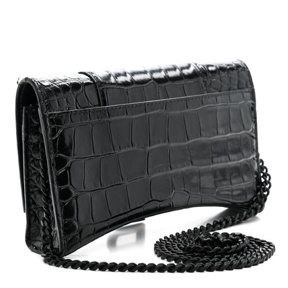Balenciaga Shiny Calfskin Monochrome Crocodile Embossed Hourglass Chain Bag Black 3 of 12