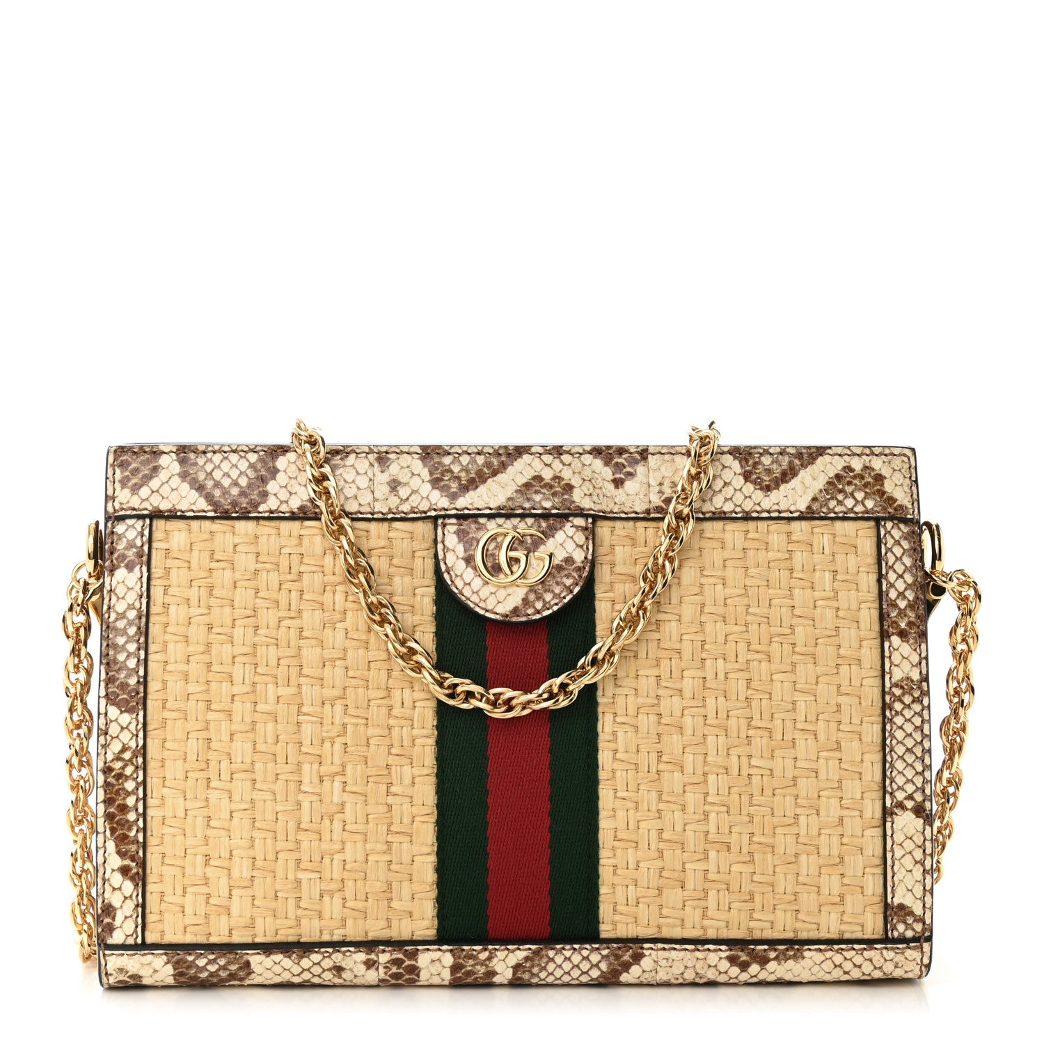Gucci Raffia Elaphe GG Small Ophidia Chain Shoulder Bag Natural Cream Brown 1 of 10