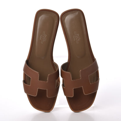 Hermes Box Calfskin Oran Sandals 37.5 Gold 5 of 11