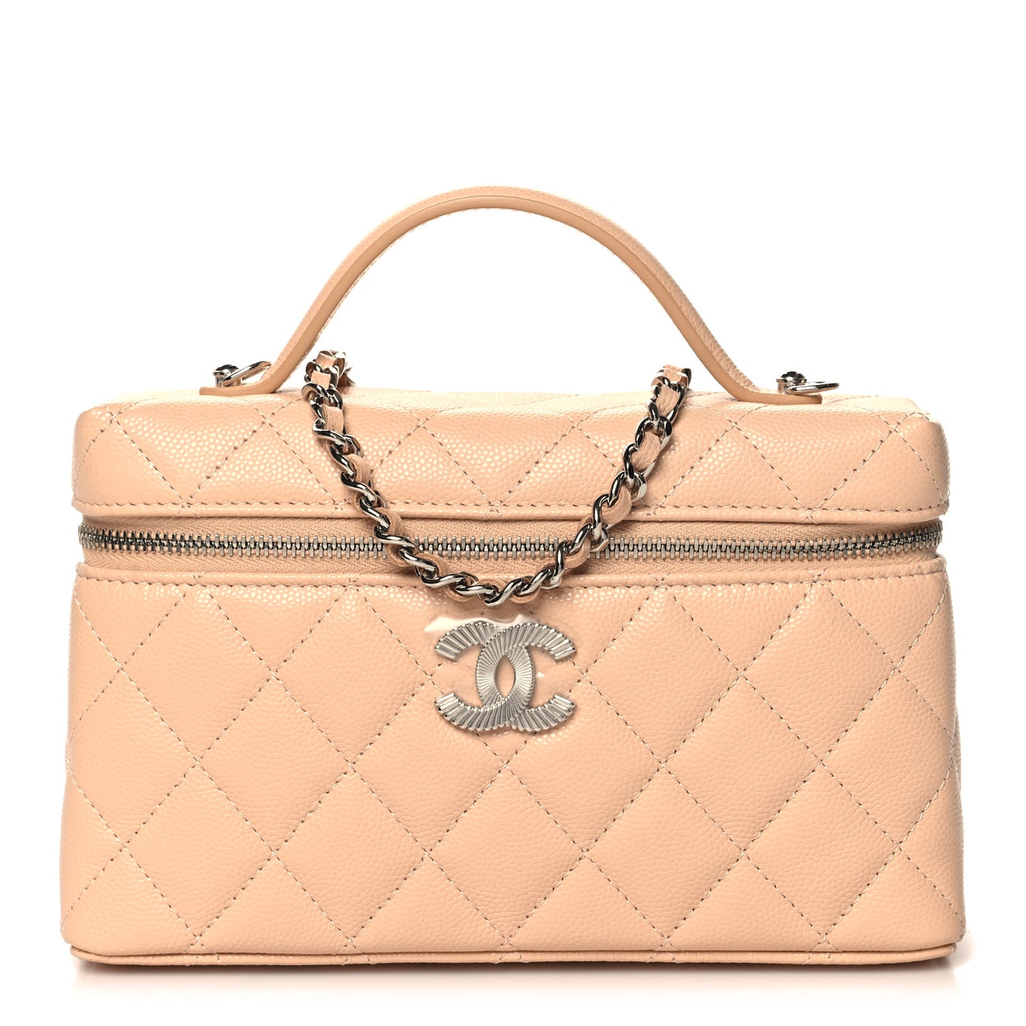 Caviar Quilted Ridged CC Top Handle Slim Vanity Case With Chain Beige