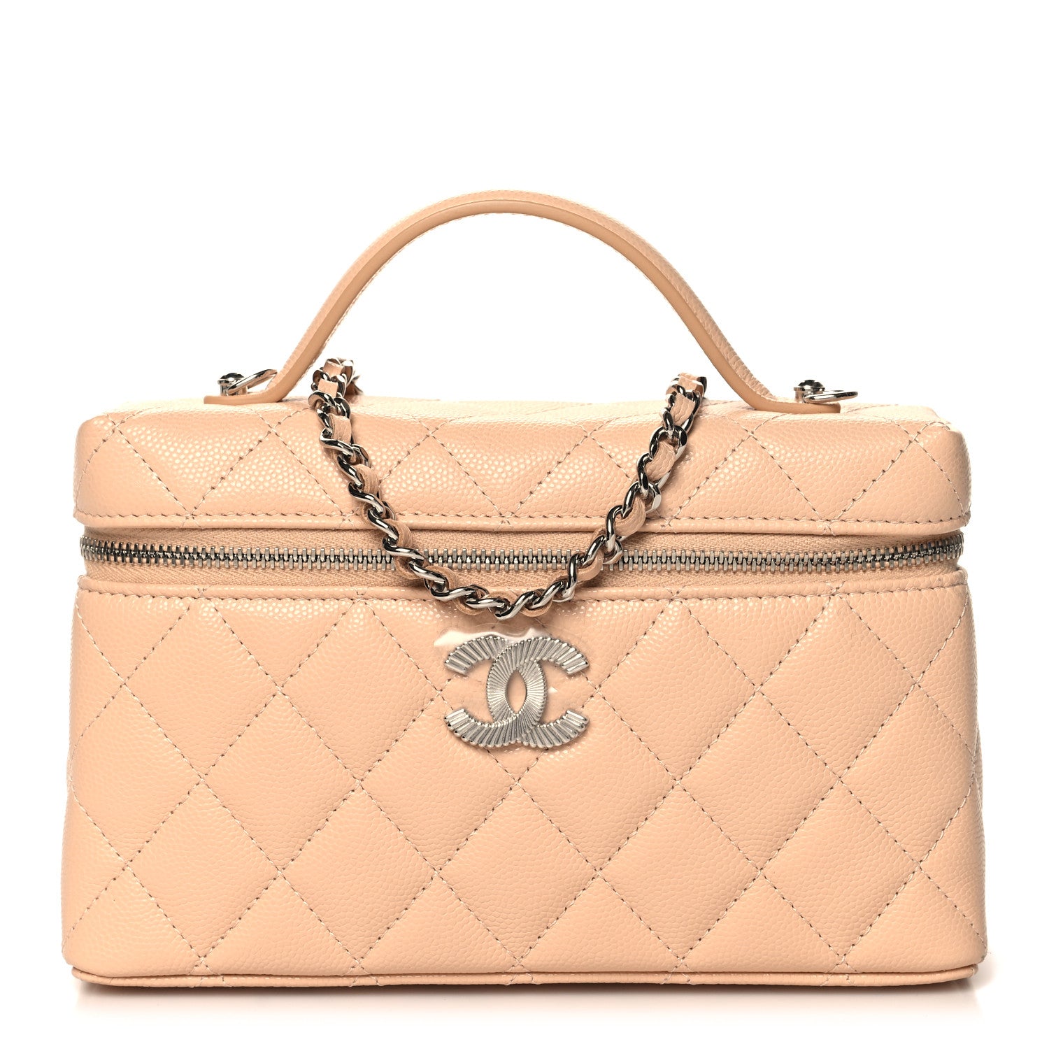 Chanel Caviar Quilted Ridged CC Top Handle Slim Vanity Case With Chain Beige 1 of 10