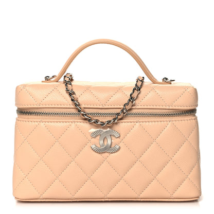 Chanel Caviar Quilted Ridged CC Top Handle Slim Vanity Case With Chain Beige 1 of 10