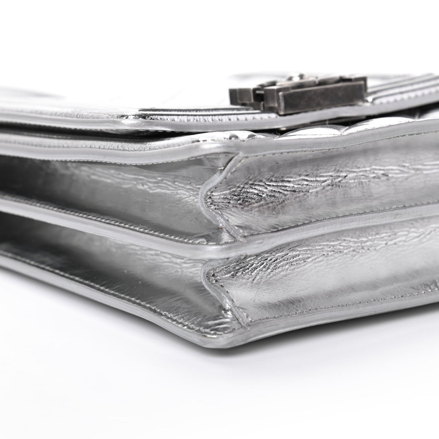 Metallic Goatskin Quilted North South Boy Flap Silver