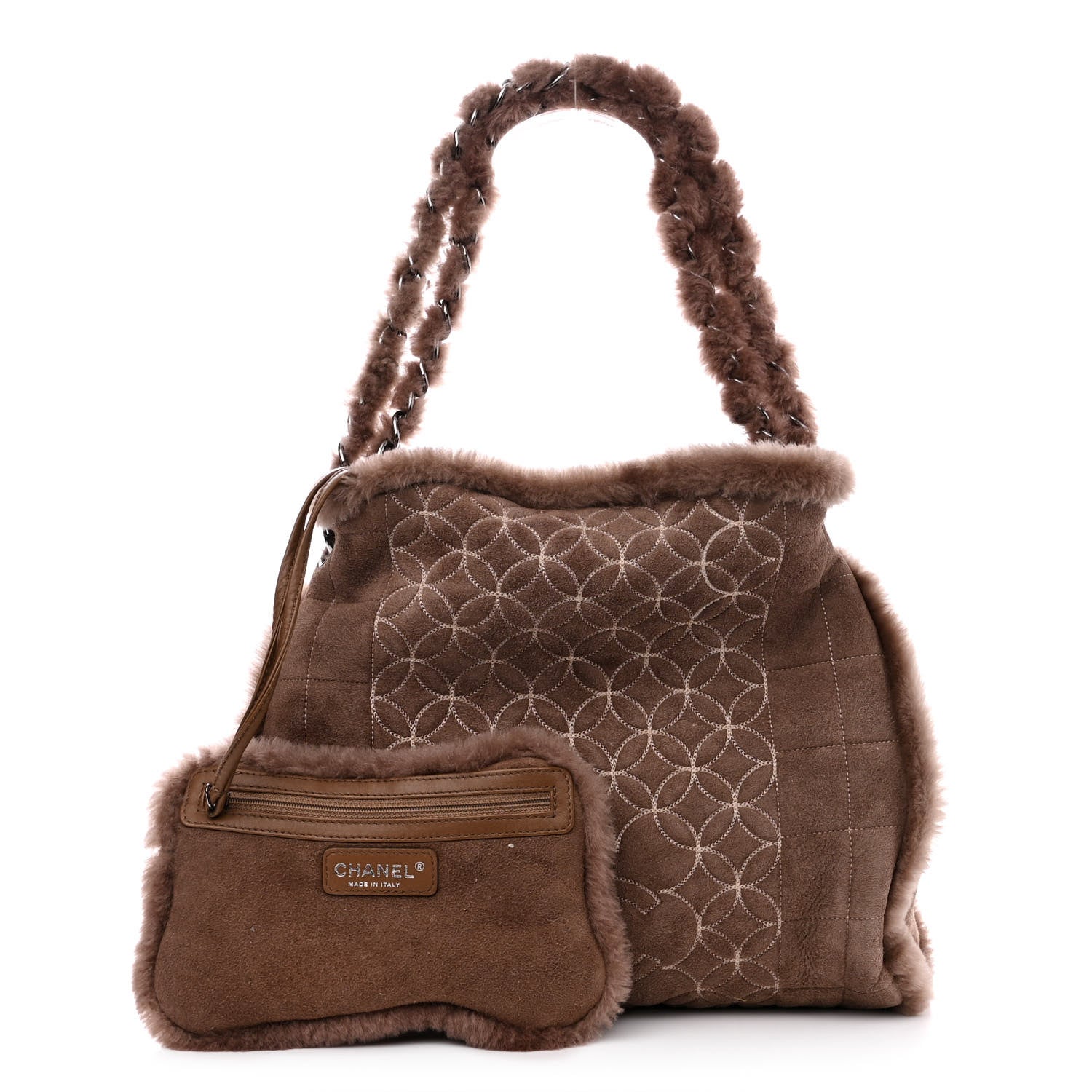 Chanel Shearling Suede Stiched CC Tote Dark Brown 1 of 11