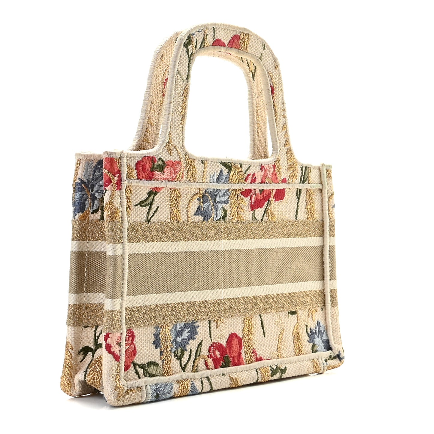 Canvas Embroidered Hibiscus Printed Mini Book Tote Beige Multicolor