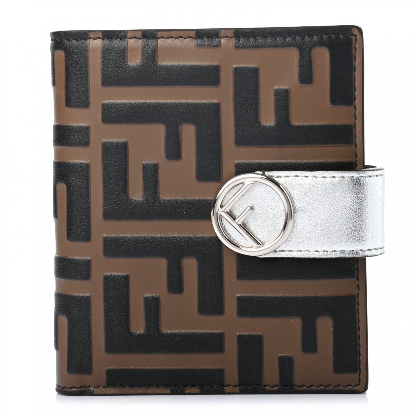 Vitello Soft Catalan Mirror F is Fendi Bi-Color FF 1974 Embossed Compact Wallet Maya Black Argento