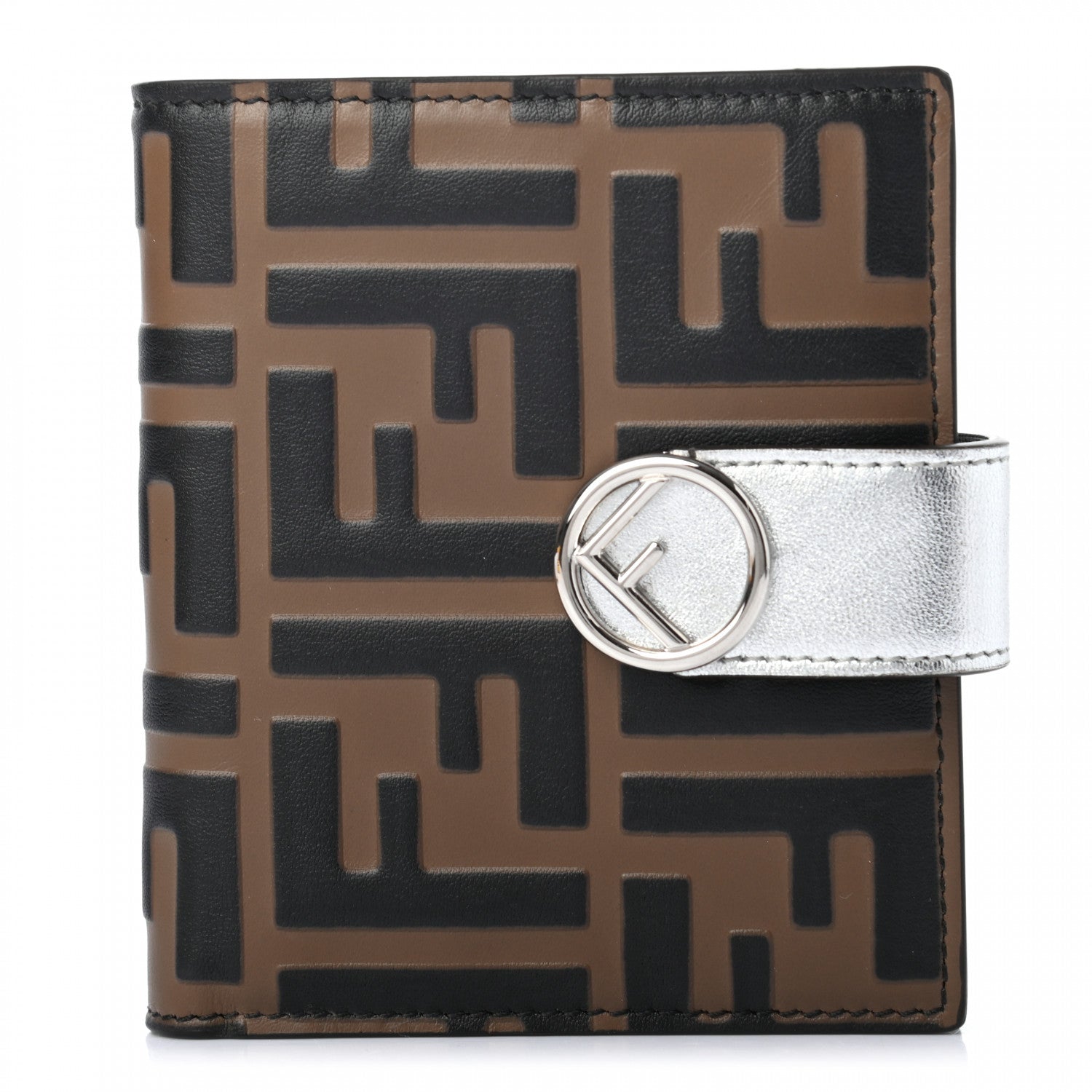 Fendi Vitello Soft Catalan Mirror F is Fendi Bi-Color FF 1974 Embossed Compact Wallet Maya Black Argento 1 of 7