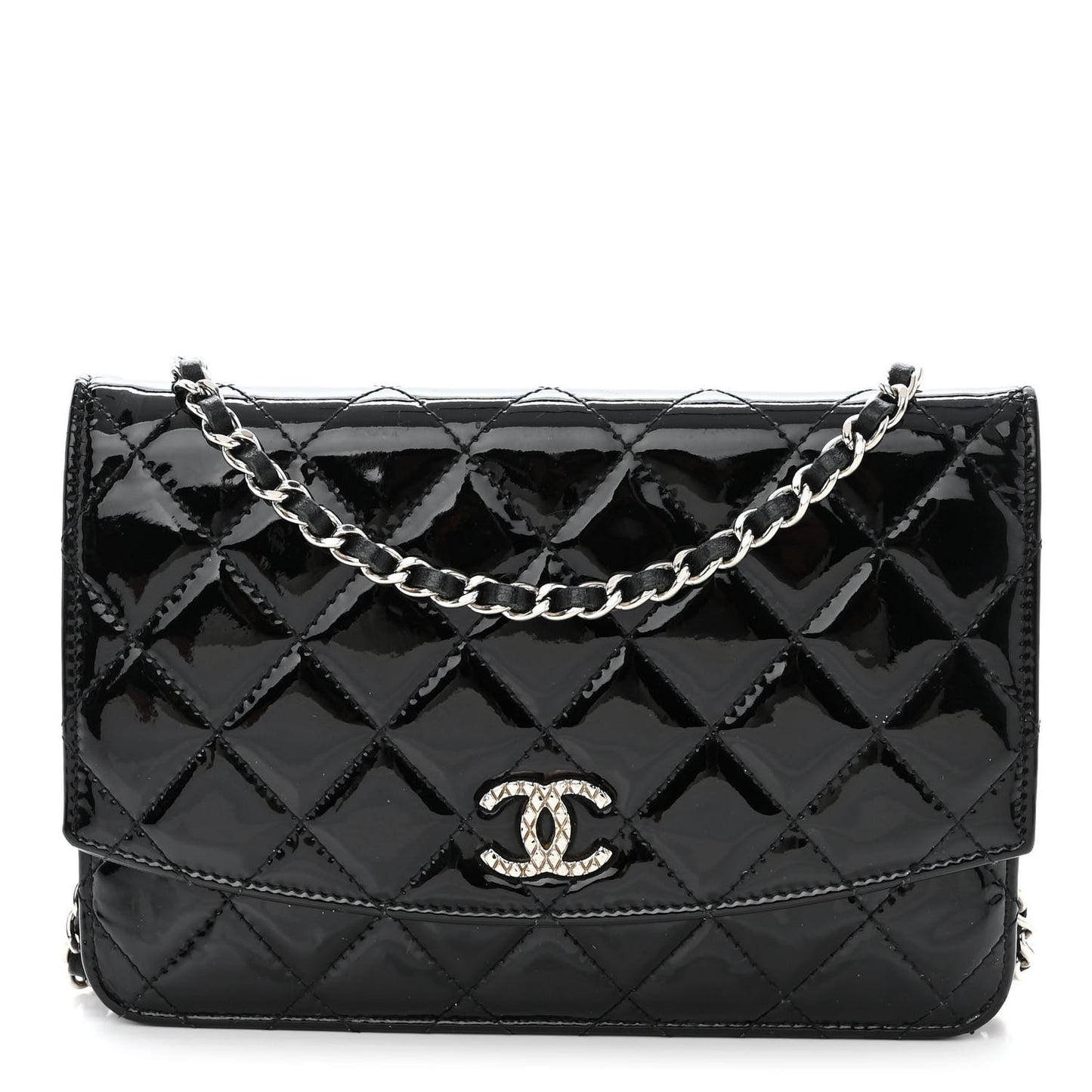 Patent Quilted Brilliant Wallet On Chain WOC Black