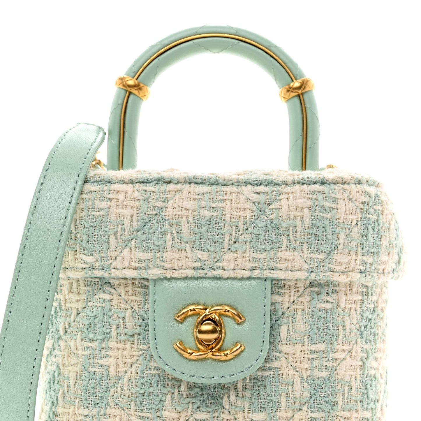 Tweed Handle Crush Top Handle Flap Bag Light Blue Ecru