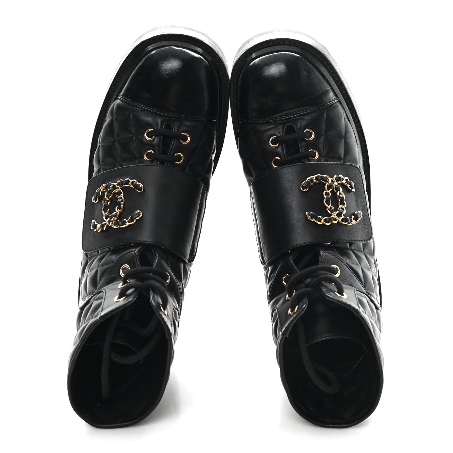 Shiny Calfskin Quilted Lace Up Combat Boots 38.5 Black