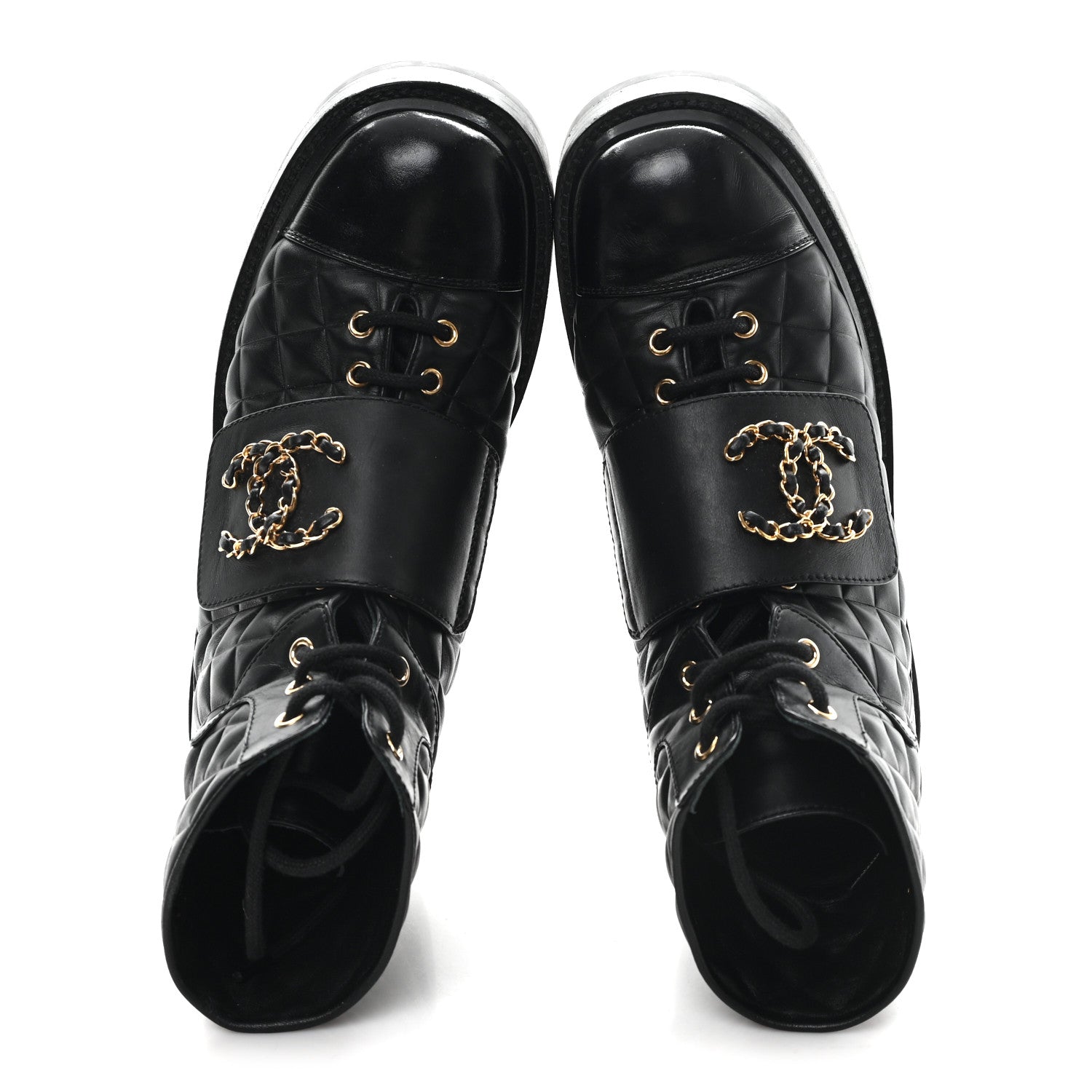 Chanel Shiny Calfskin Quilted Lace Up Combat Boots 38.5 Black 2 of 11