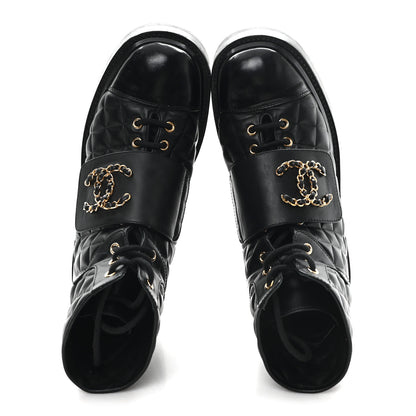 Chanel Shiny Calfskin Quilted Lace Up Combat Boots 38.5 Black 2 of 11