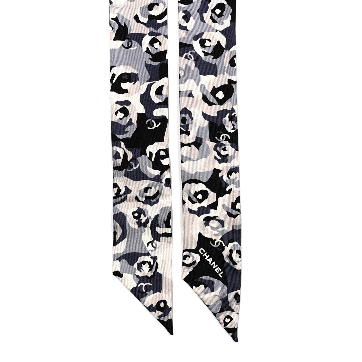 Chanel Silk CC Slim Bandeau Scarf Grey Blue Black 1880355