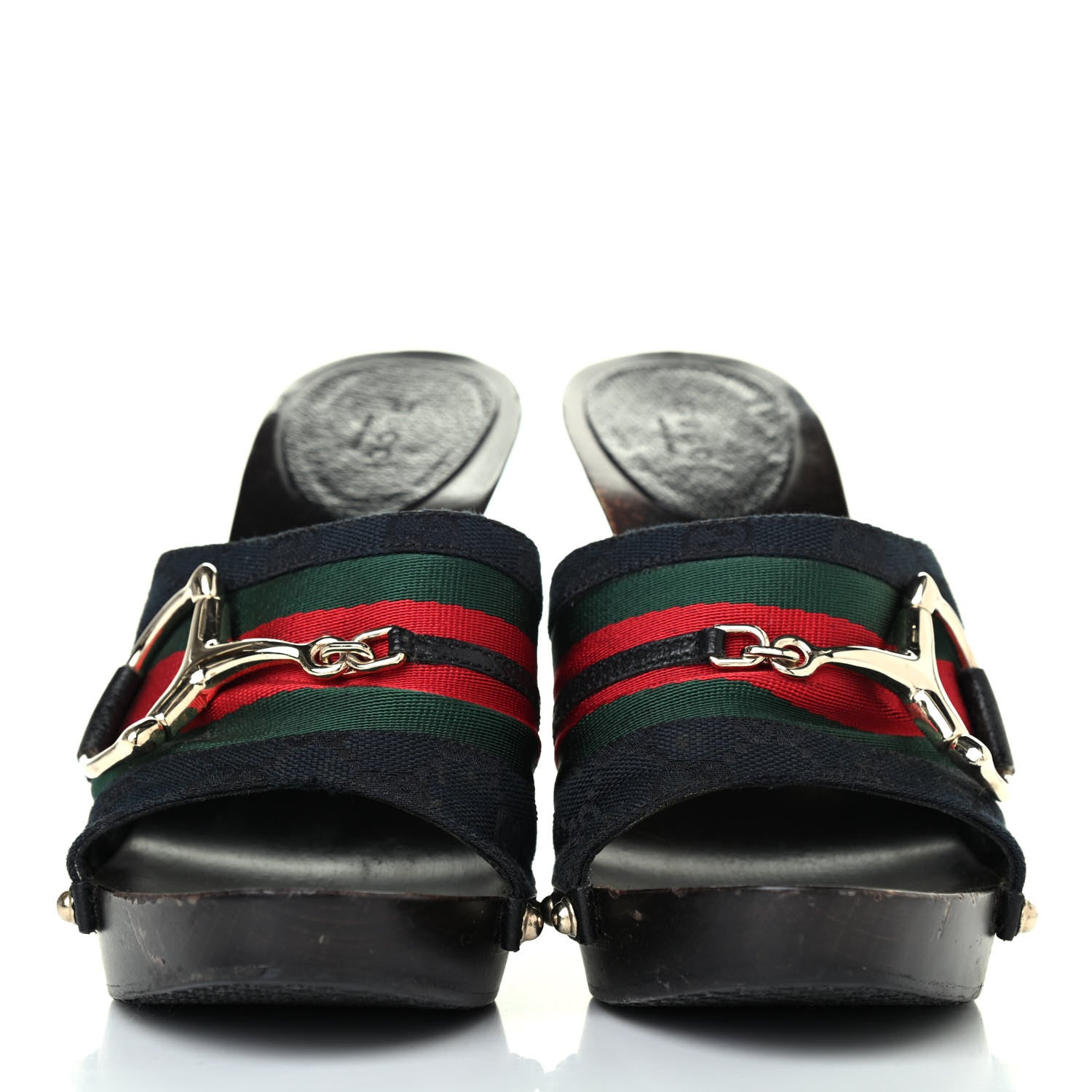 Gucci Monogram Natural Pigskin Web Icon Bit Platform Clog High Heel Slide Sandals 9 Black 2 of 4