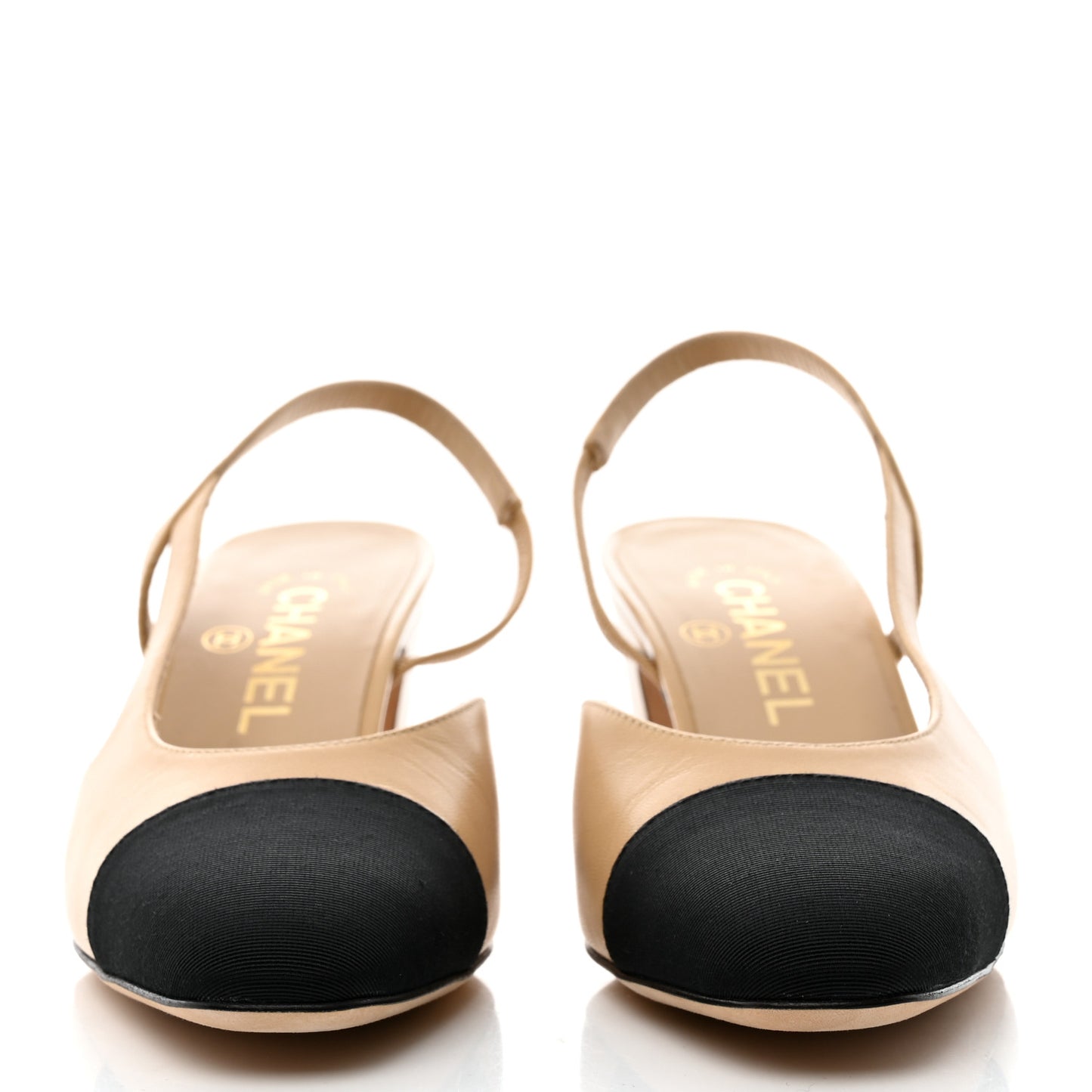 Goatskin Grosgrain Cap Toe CC Slingback Pumps 36 Beige Black