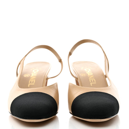 Chanel Goatskin Grosgrain Cap Toe CC Slingback Pumps 36 Beige Black 2 of 9